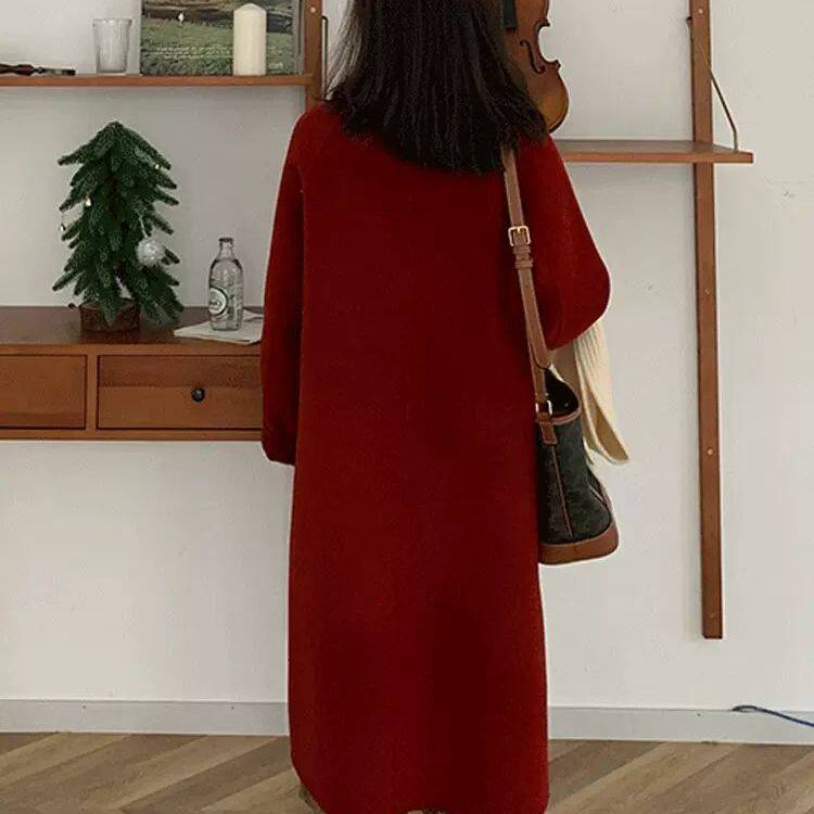 红色羽绒内胆大衣女2026秋冬牛角扣中长款加绒加厚韩系毛呢外套潮