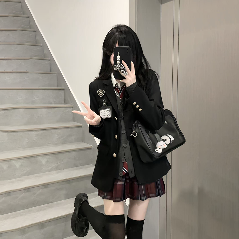 原创学院风jk制服格裙套装女秋冬款校供百褶短裙子开衫西服全套