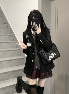 原创学院风jk制服格裙套装女秋冬款校供百褶短裙子开衫西服全套