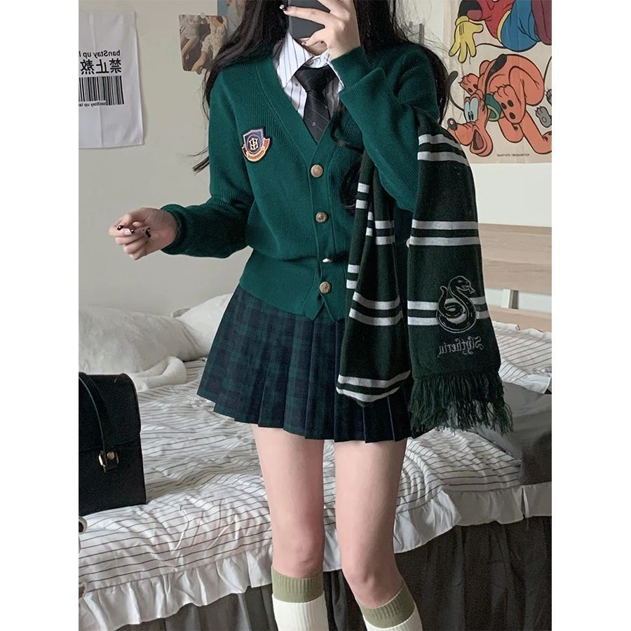 2023秋冬新款美式制服jk针织开衫毛衣女学院风上衣收腰气质纯欲风