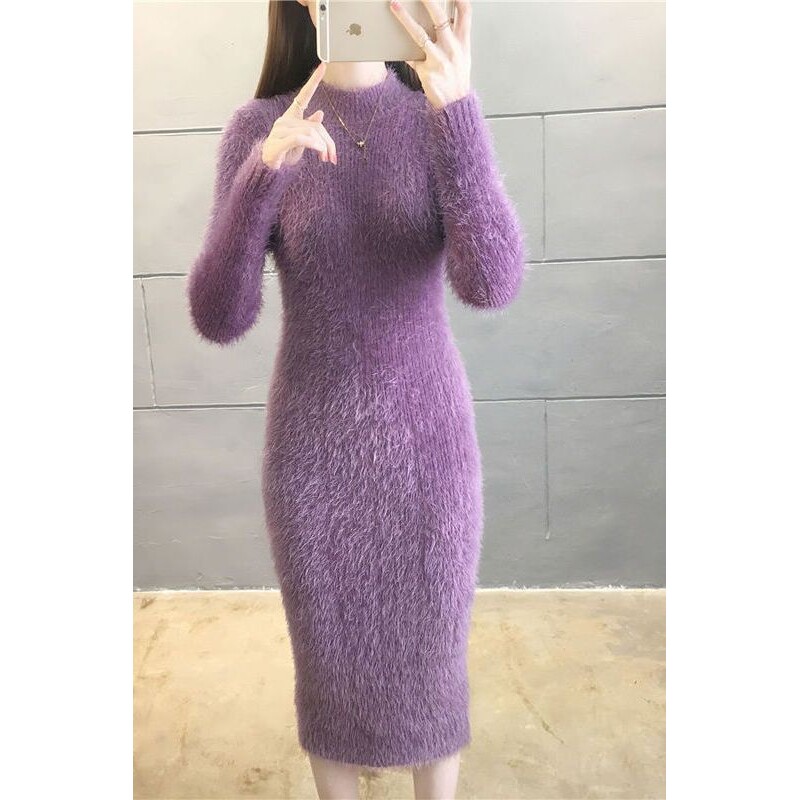 藏】过膝毛衣裙女秋冬半高领加厚保暖针织中长款打底连衣裙毛衣女