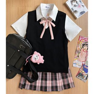 初田町jk制服原创格裙【粉雾海】学院风马甲衬衫套装女百褶裙黑粉