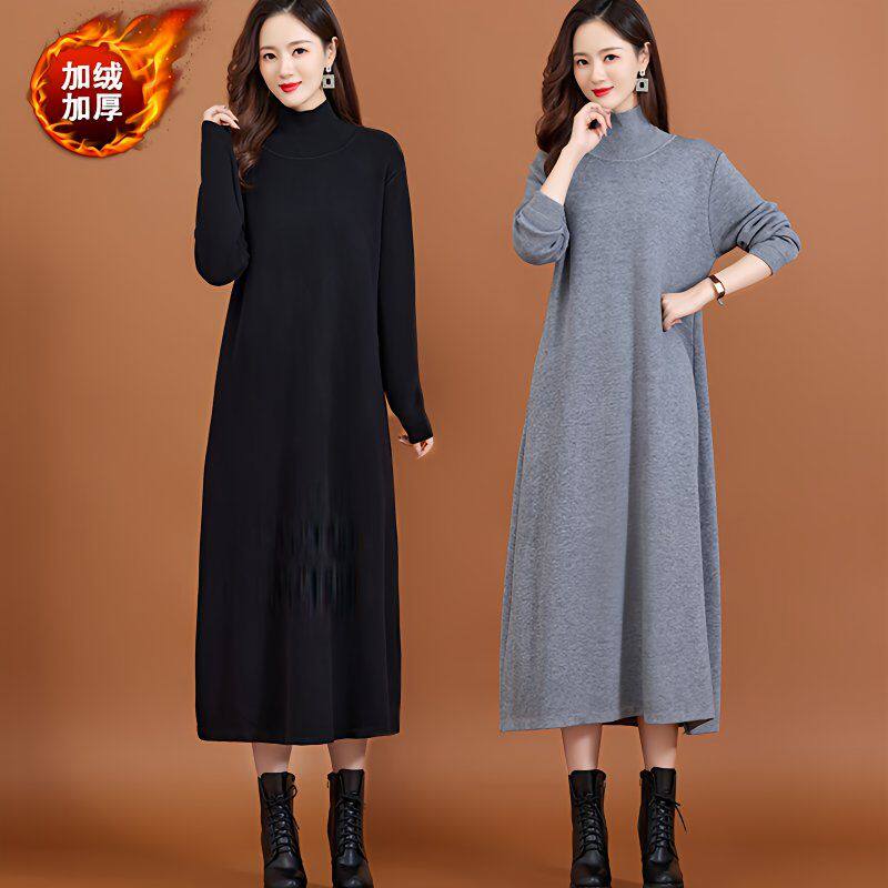 冬季加绒加厚长款过膝毛衣裙宽松大码女装遮肉显瘦针织打底连衣裙