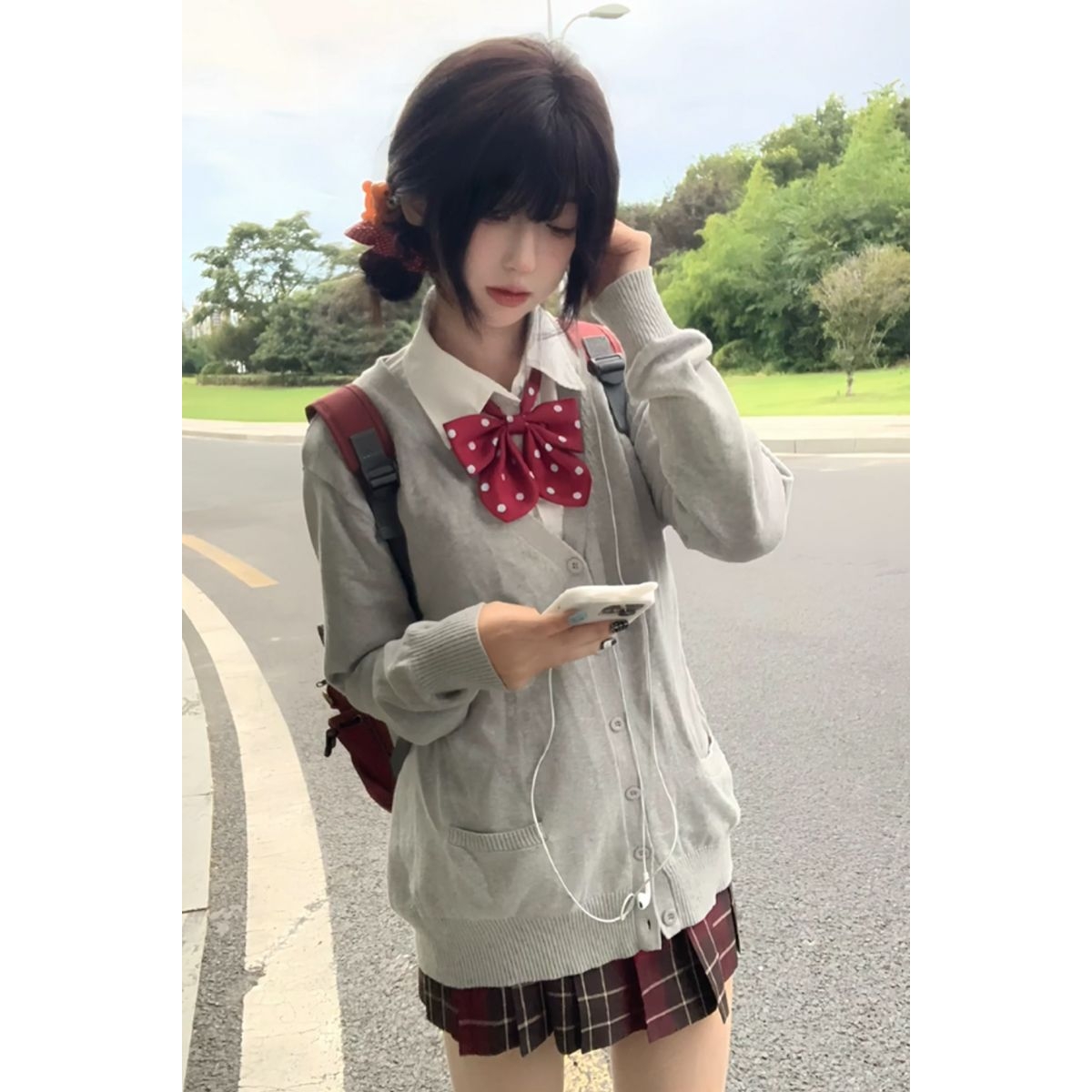 原创正版JK制服秋冬套装格裙长袖开衫毛衣学院风校供软妹叠穿上衣