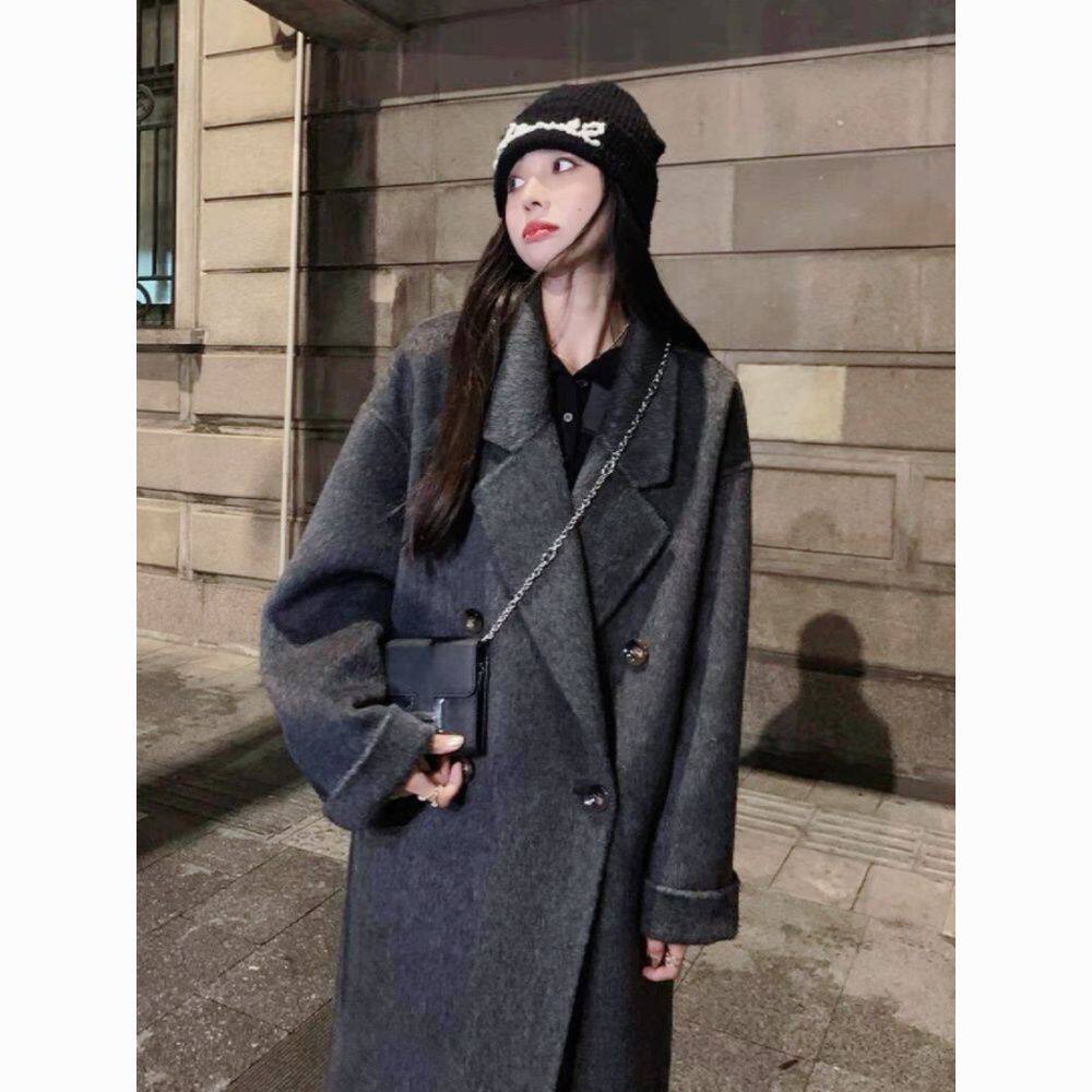 黑灰色高个子双面羊绒大衣女2026秋冬新款超长款175羊毛呢子外套