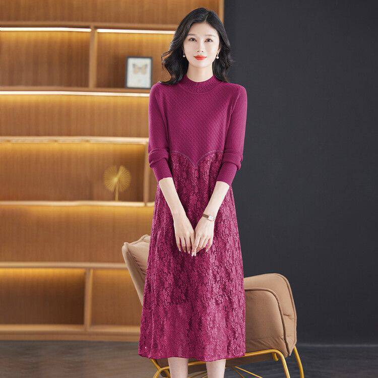 高端连衣裙女春秋2024新款蕾丝拼接毛衣裙子秋冬季长袖针织打底裙