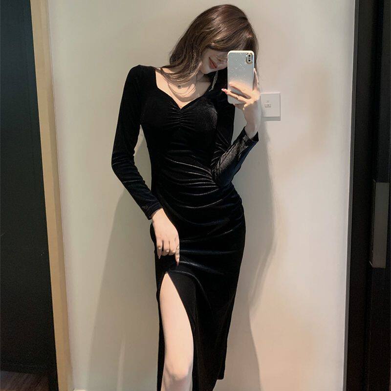 性感金丝绒秋冬今年流行连衣裙女V领长袖开叉中长款包臀打底裙潮