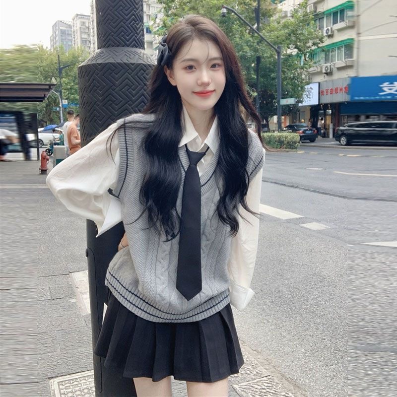 【四件套】JK制服学院风秋季减龄日系网红搭配衬衫马甲两件套装女