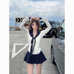 学院风海军领辣妹修身t恤女坎肩两件套设计感上衣内搭收腰百褶裙