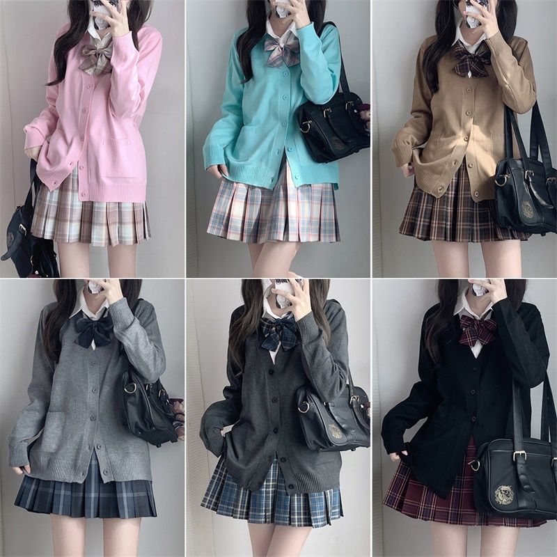 空栗鼠丸原创学生JK制服校供百褶裙格裙叠穿衬衫长袖毛衣开衫套装