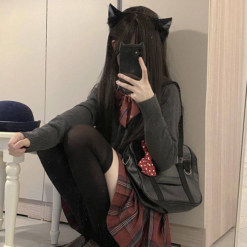 原创jk制服套装秋冬季新款格裙百褶短裙子学院风毛衣针织衫三件套