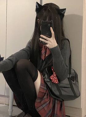 原创jk制服套装秋冬季新款格裙百褶短裙子学院风毛衣针织衫三件套