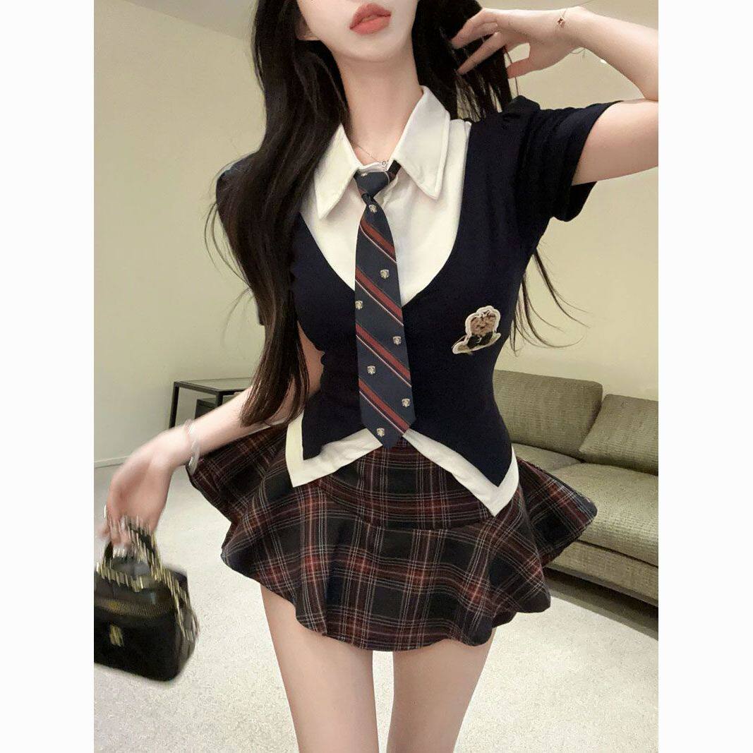 jk学院风套装女夏季新款制服假两件短袖上衣显瘦高腰裙裤两件套