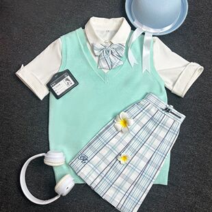 川町香【蓝白诗】衬衫马甲套装原创正版格裙背心学院女叠穿