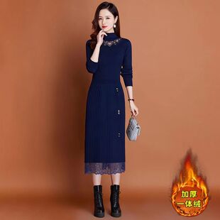 配大衣的毛衣裙女中长款过膝加绒加厚秋冬新款蕾丝针织打底连衣裙