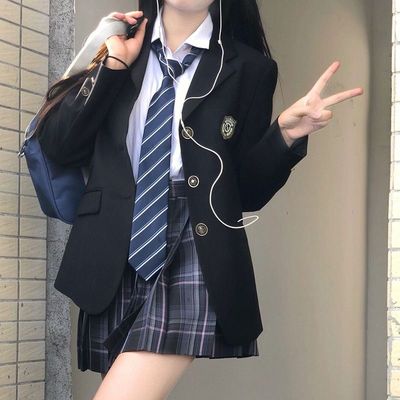 原创制服西服jk外套女正版校供春季黑色学院风西装三件套收腰套装