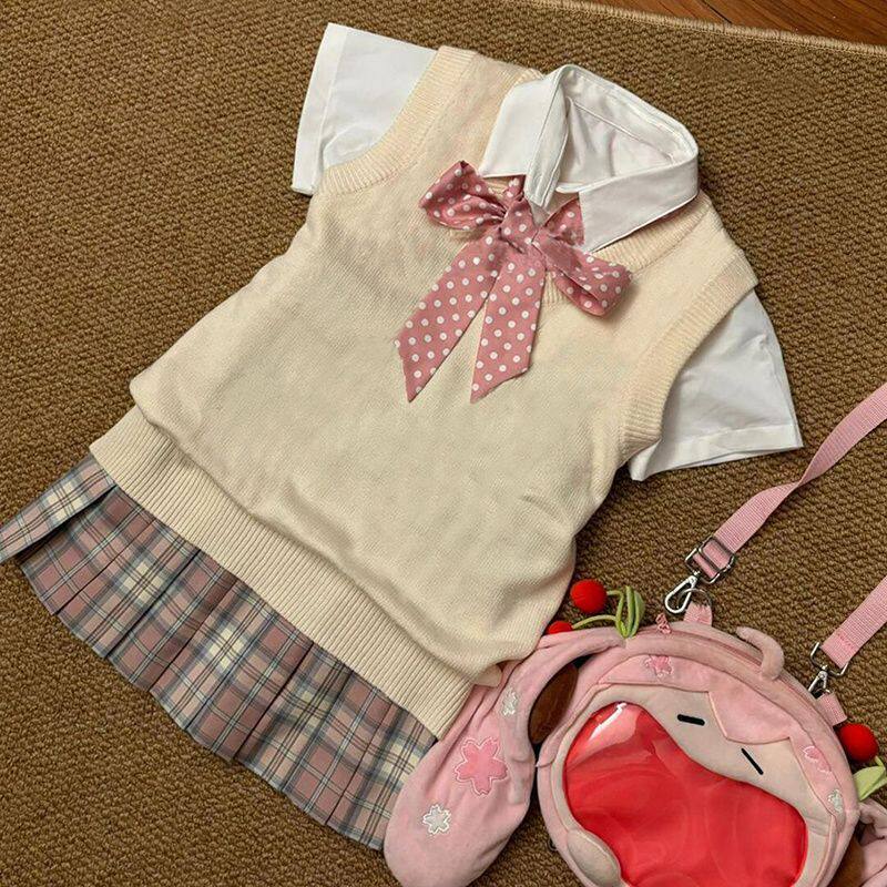 日系jk制服正版原创格裙V领毛衣马甲背心学院风女基础全身一整套