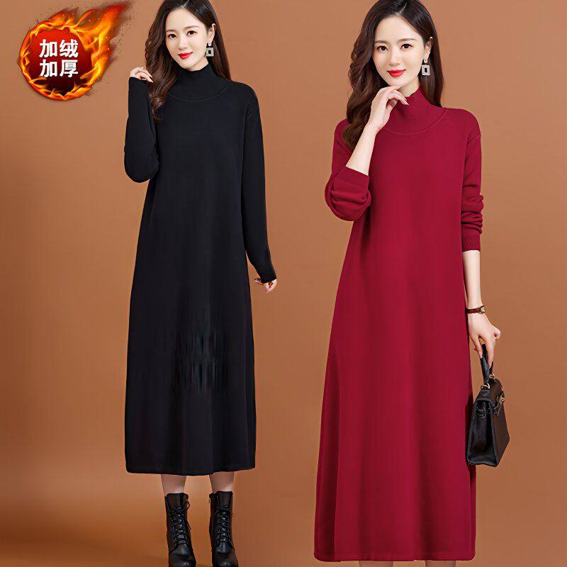 冬季一体绒长款毛衣裙宽松大码加长版针织裙女加厚保暖打底连衣裙