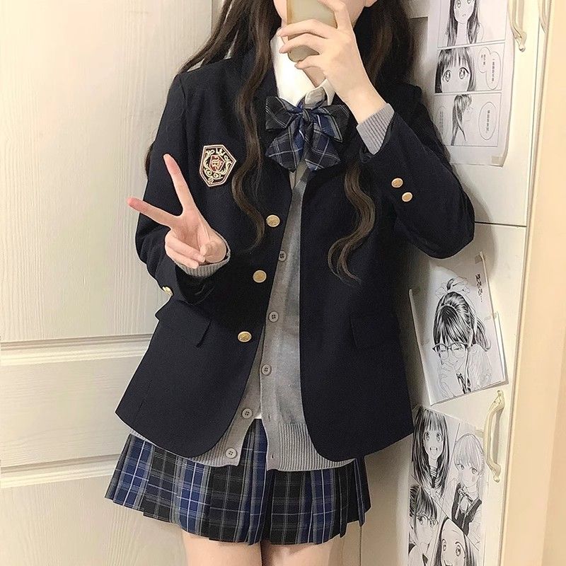 日系校供原创JK制服西装外套女秋冬学院风小个子百搭绀色黑色西服