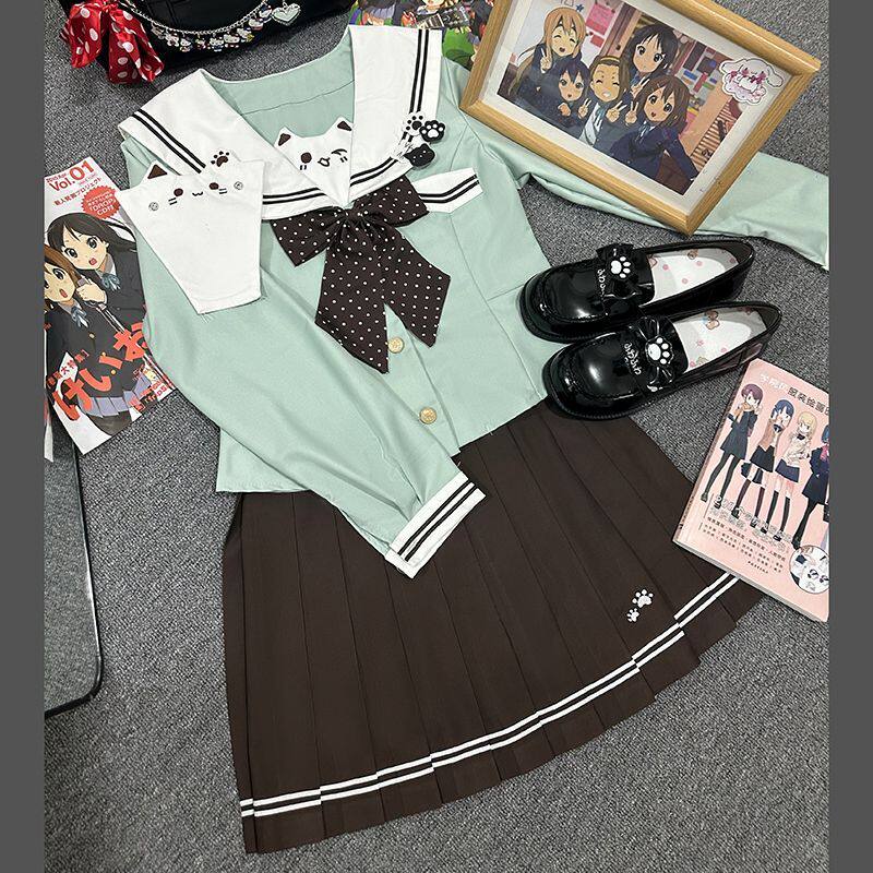 川海阁原创【喵不可言】秋冬新品薄荷绿长袖款水手服棕色裙套装jk