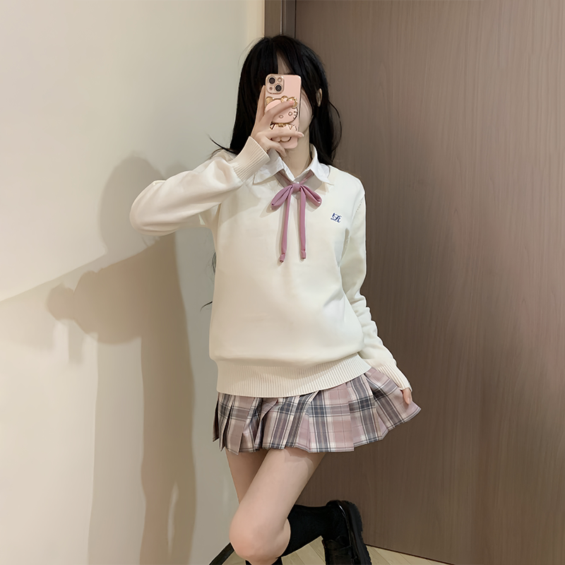 原创jk制服格裙套装女秋冬正版学院风百褶短裙子套头毛衣衬衫全套