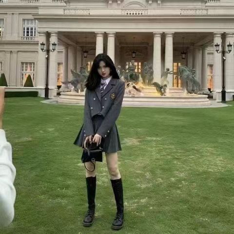 秋冬新款学院韩系感显洋气外套西装制服高级百褶裙jk两件套小个子