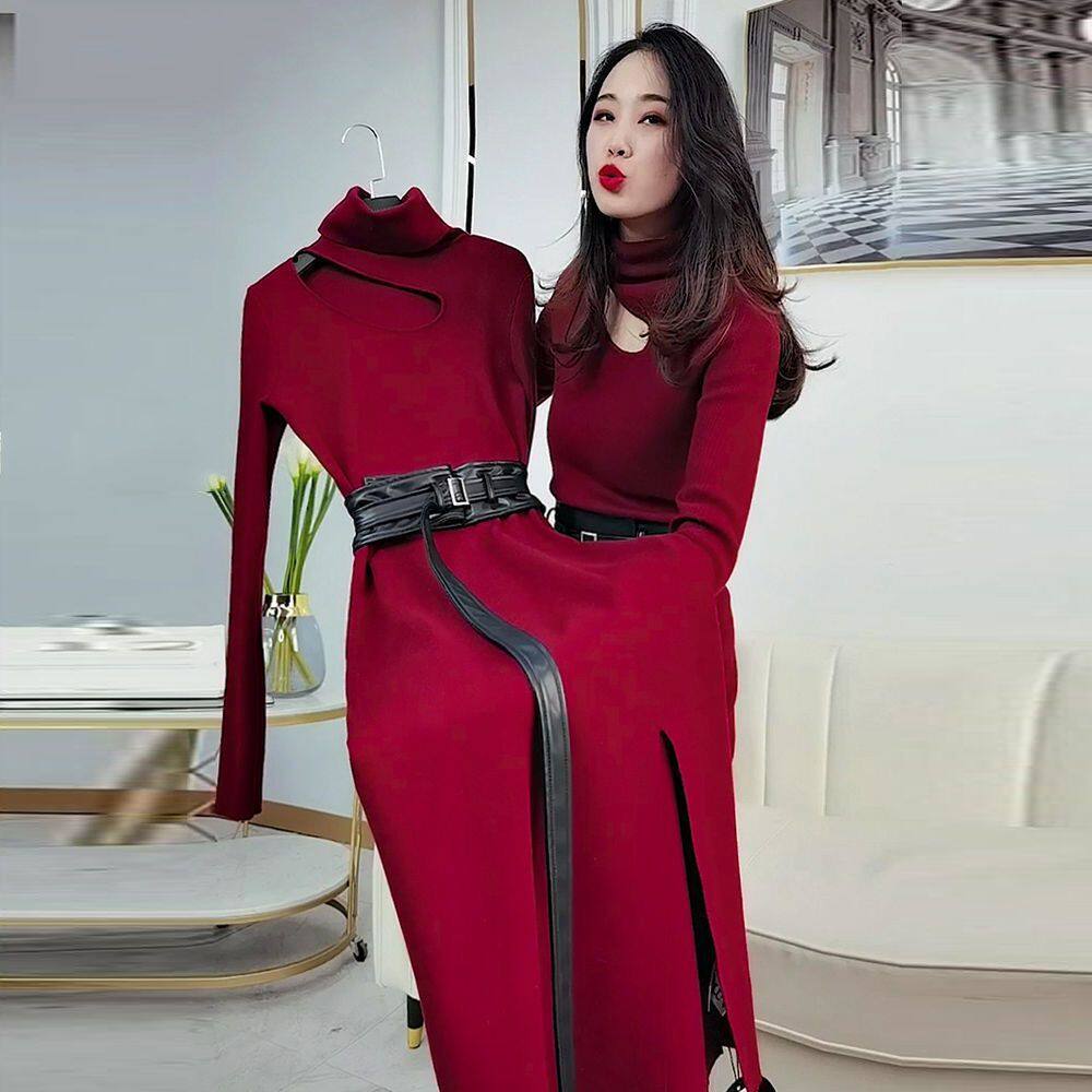 【送腰带】针织连衣裙女2026春秋收腰显瘦加厚高档外穿毛衣裙长款