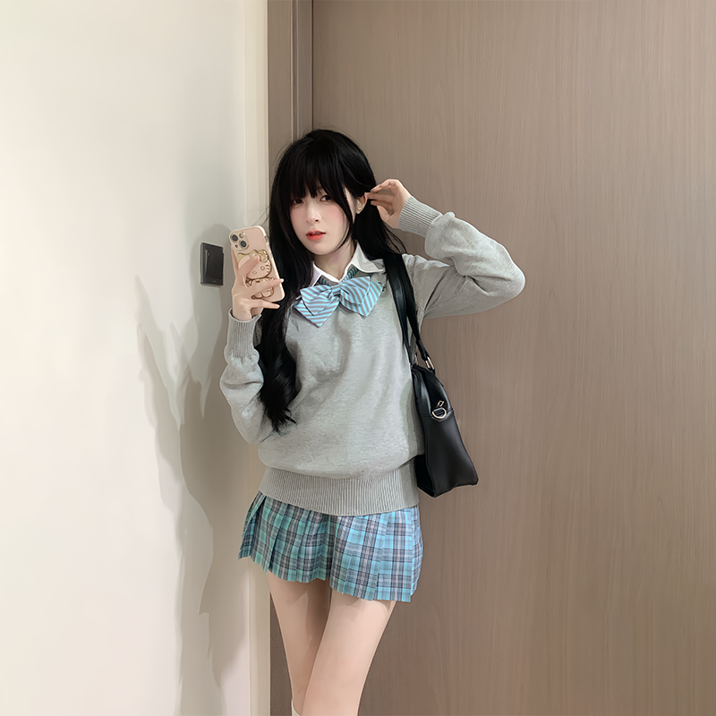 正版jk制服半身裙套装女秋冬新款原创毛衣衬衫百褶短裙子格裙全套