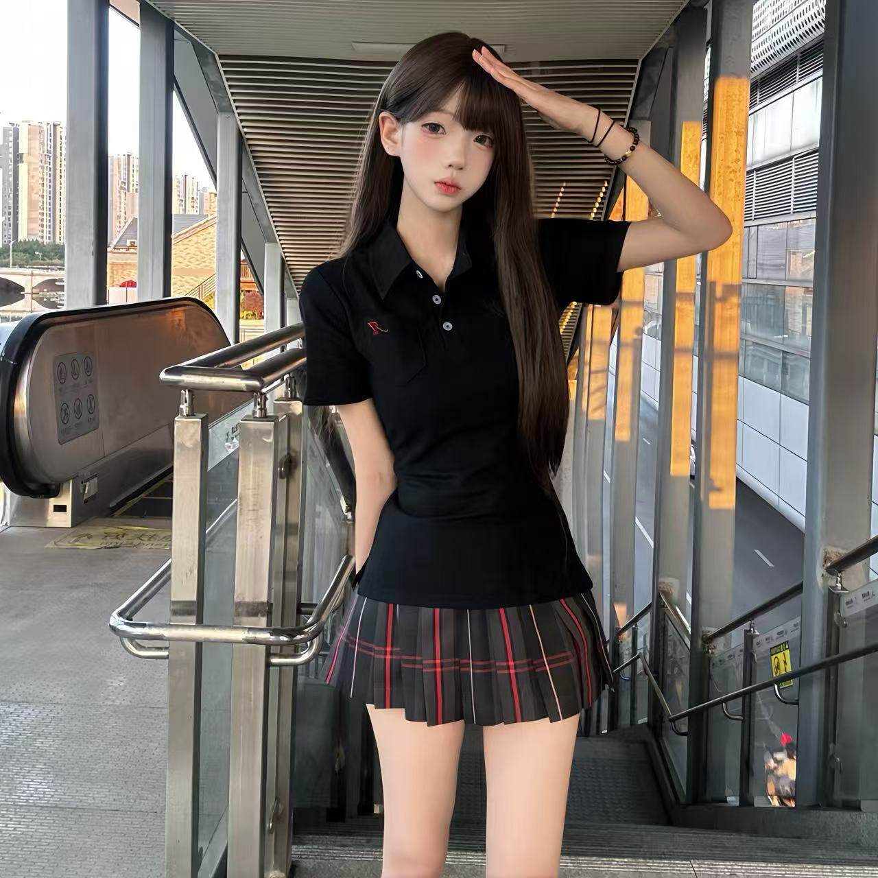 川町香JK原创POLO衫制服校供百搭夏季新品学院风收腰刺绣衬衫女
