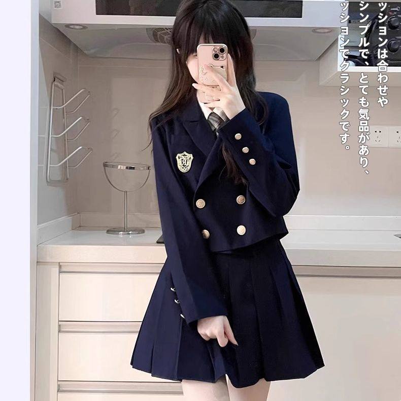 原创jk西装套装英伦学院风韩式黑色制服百褶裙双排扣短款西服外套
