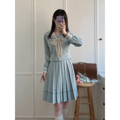 薄荷白巧收腰长袖水手服女上衣日系学院风JK制服长裙套装原创正版