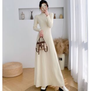 】130cm半高领加长款毛衣裙过脚踝女秋冬内搭显瘦打底针织大摆裙