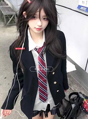 原创JK制服西装女秋冬校供感三粒扣绀色西服外套毛衣针织开衫套装
