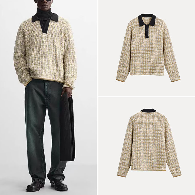 thumbnail for Cabinet 319! 2025 Spring New Men's Plaid Comfortable Textured Long-Sleeve Knitted Polo Shirt 3920445