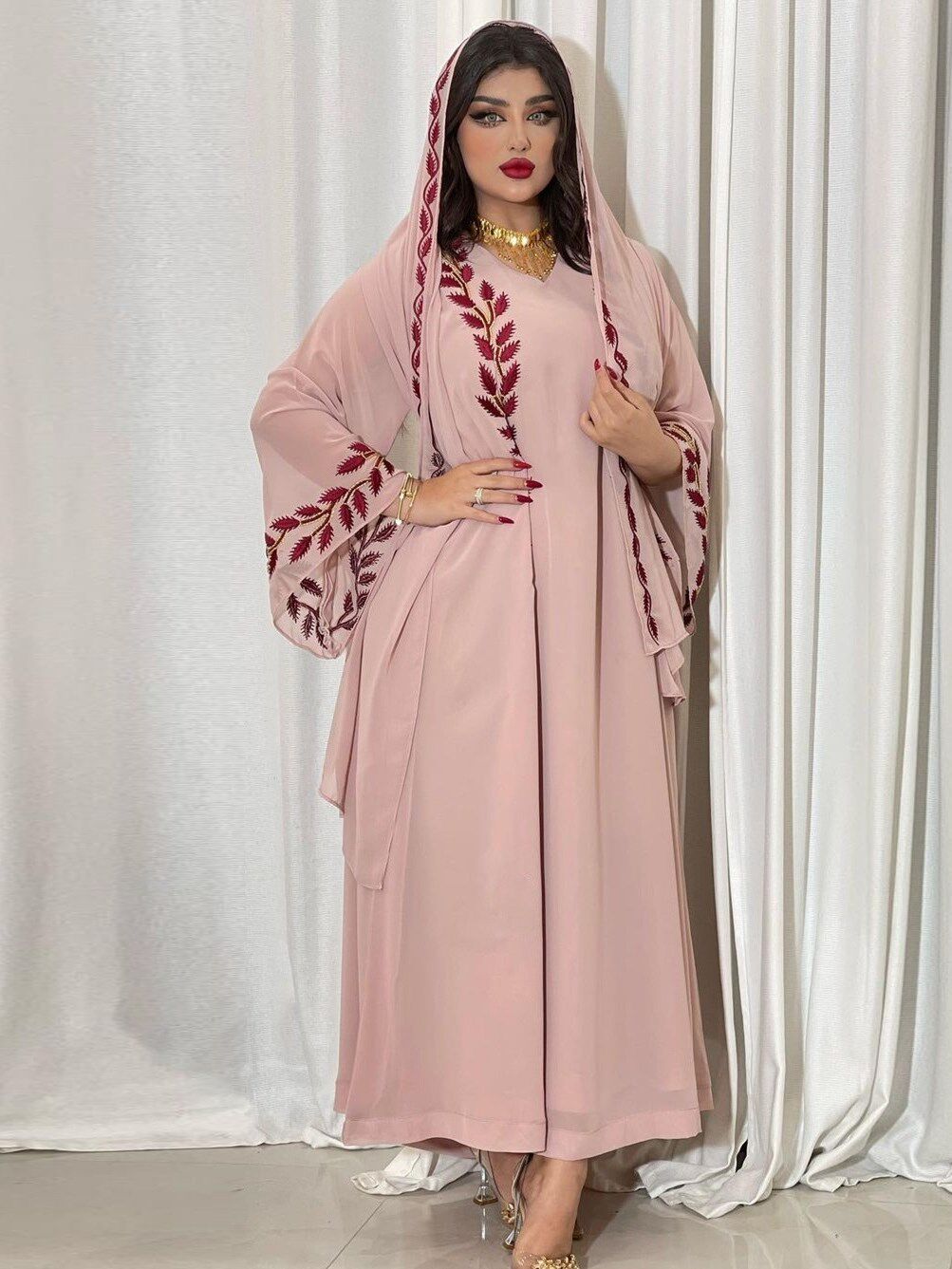 马来西亚印尼刺绣粉色圆领长袍连衣裙Dubai Arabic Long Jalabiya