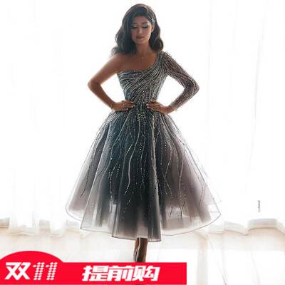 2020 new one-shouldered silver gown sexy dress单肩礼服连衣裙