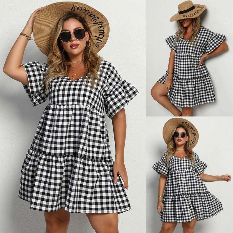plus size women plaid dress summer 大码黑白格子拼接连衣裙
