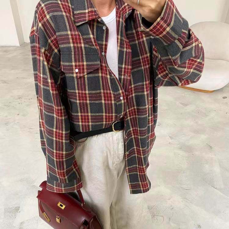 欧美风覆古潮流百搭格纹宽松衬衫 Checkered loose fitting shirt