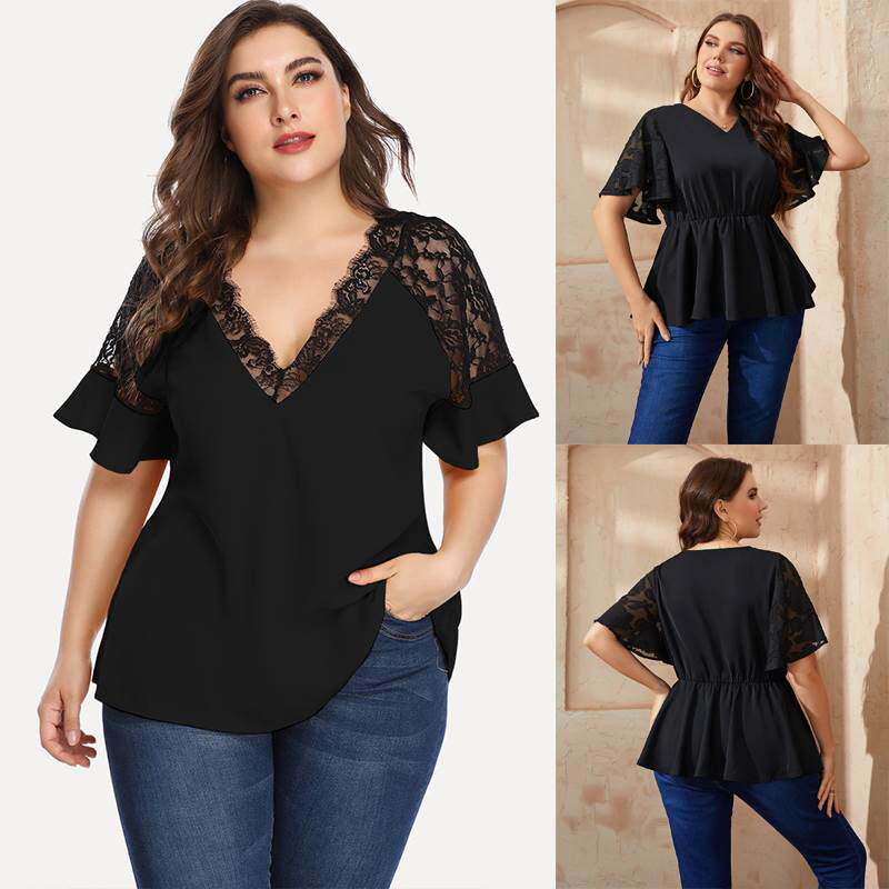 夏季大码女装T恤 BLouse Women Summer V Neck Tops T-shirt 4XL