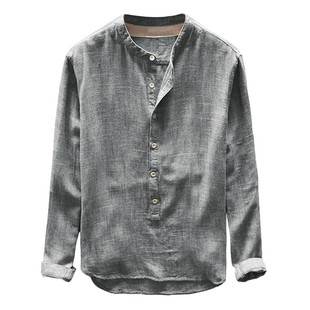 Mens Shirt Button Casual Linen And Cotton Long Sleeve Shirt