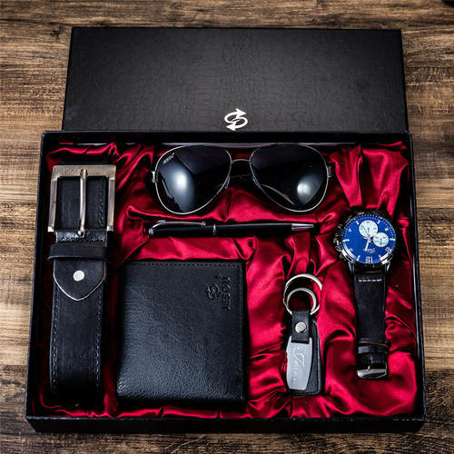 Men belt watch wallet sunglass necktie pen gift box set/6pes