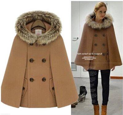 披肩斗篷连帽带毛领外套Women Winter Wool Trench Coat