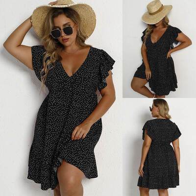summer plus size women dot printed dresses 大码波点深V连衣裙