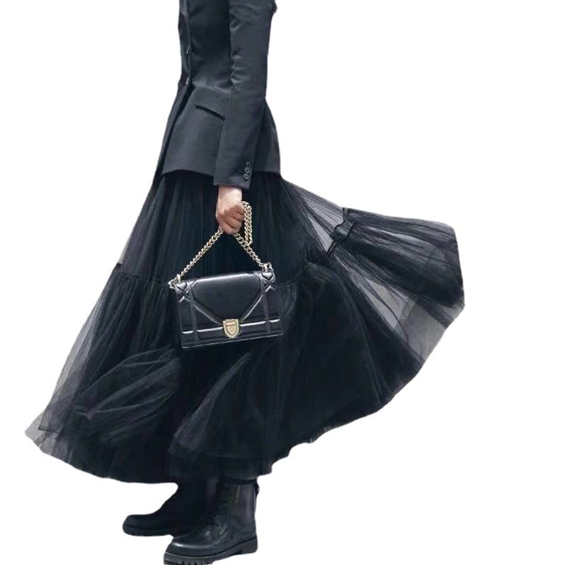 网纱半身裙女2024新款春夏长款高腰淑女装蛋糕裙拼接百褶中长裙