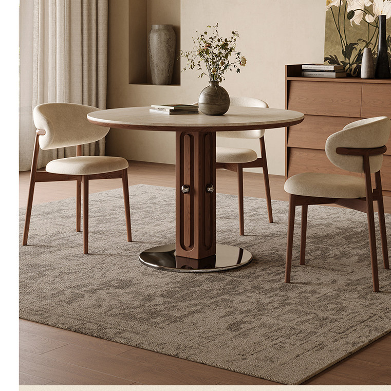 中古风洞石岩板圆桌复古圆形餐桌