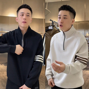 秋冬加绒时尚立领半拉链卫衣男高档简约宽松百搭潮流运动休闲上衣