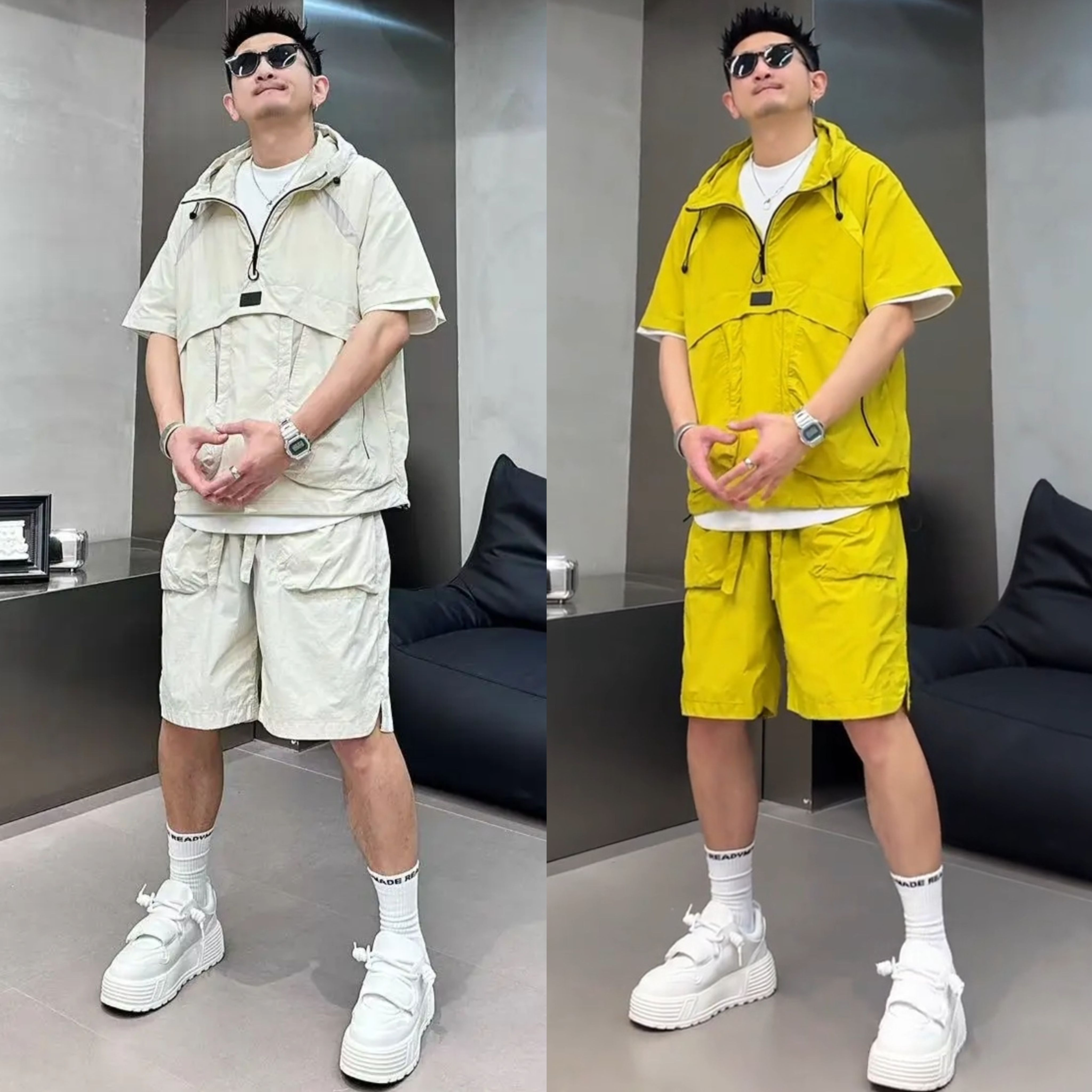 夏季工装户外速干休闲运动套装男拼接连帽半拉链短袖短裤两件套