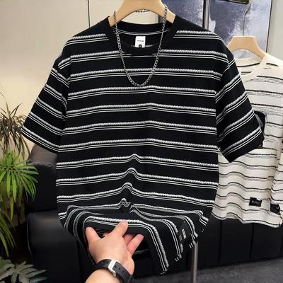 潮流美式撞色条纹休闲圆领短袖