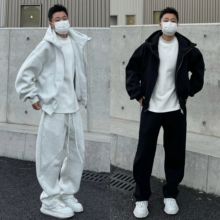 春秋慵懒风简约休闲运动套装男士潮流百搭连帽外套阔腿卫裤两件套