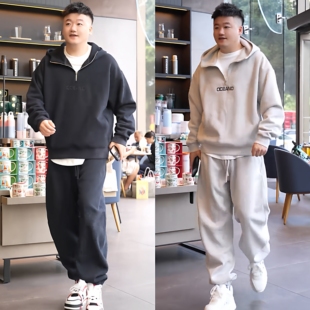 2026秋冬加绒半拉链休闲运动套装男高级感重磅时尚卫衣卫裤两件套